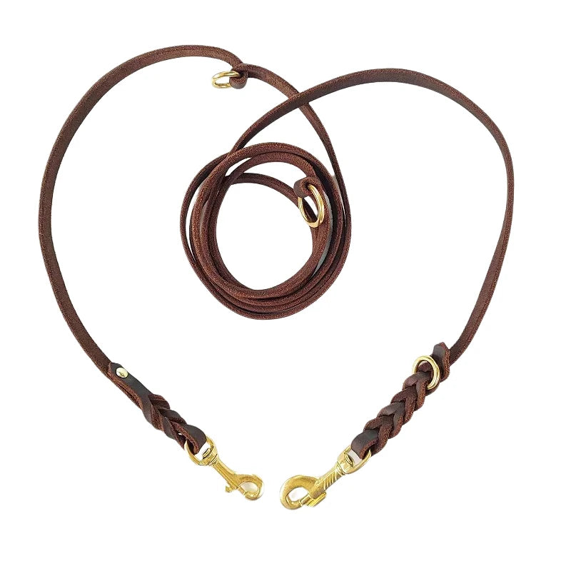 Two big Dog Leash Braided Real Leather Double Leashes P chain Collar Multifunctional Long Short Large Dog Walking Training Lead