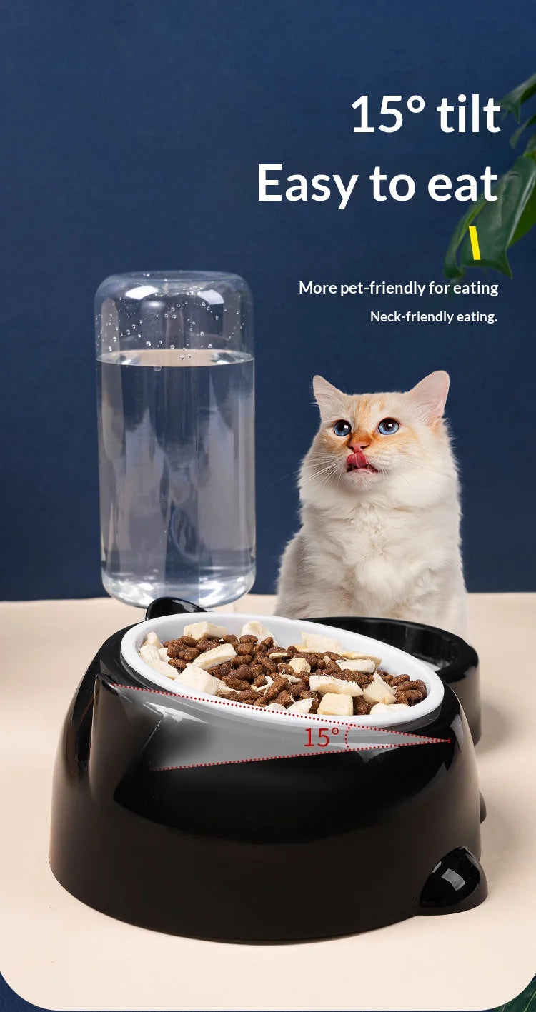 Pet Bowl 2-in-1 Auto Water Feeder, Tilted Elevated Cat Dog Bowl for Food & Water, Anti-Choking Slow Feeder Dish for Pets