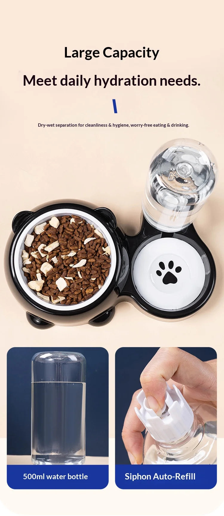 Pet Bowl 2-in-1 Auto Water Feeder, Tilted Elevated Cat Dog Bowl for Food & Water, Anti-Choking Slow Feeder Dish for Pets