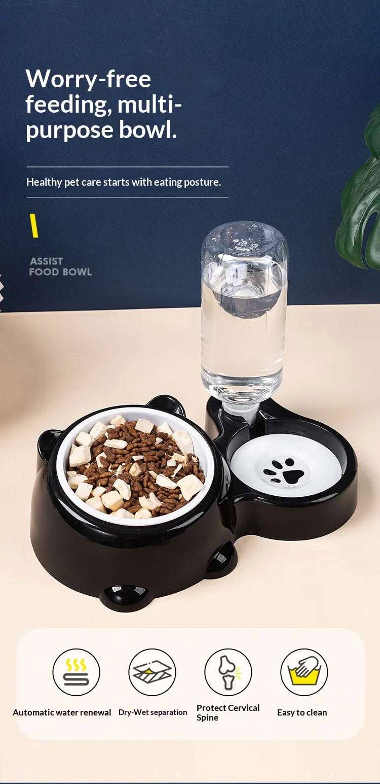 Pet Bowl 2-in-1 Auto Water Feeder, Tilted Elevated Cat Dog Bowl for Food & Water, Anti-Choking Slow Feeder Dish for Pets